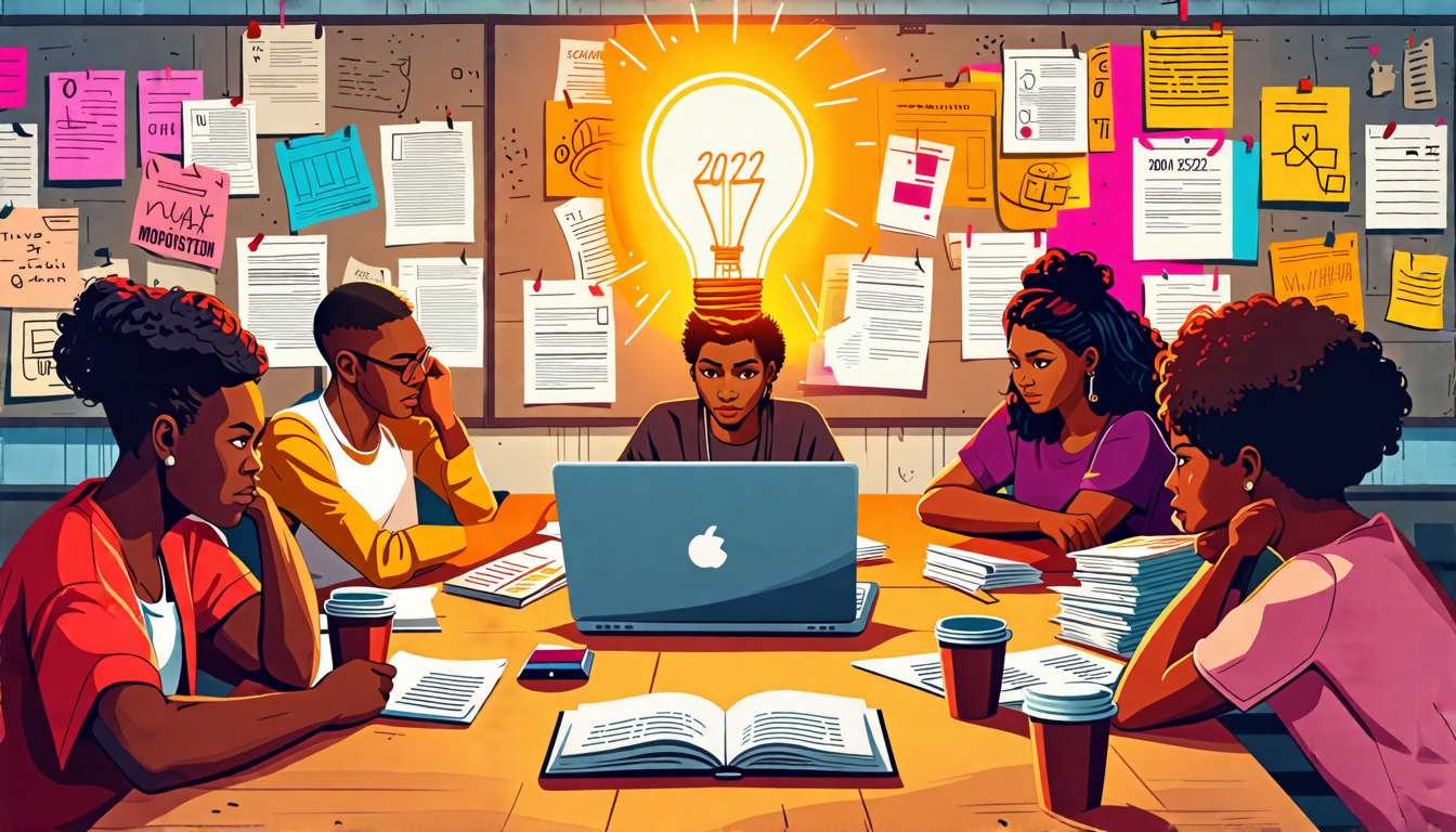 Create an illustration of a diverse group of aspiring screenwriters gathered around a table, intensely focused and diligently working on their grant applications. The scene is filled with laptops, coffee cups, and stacks of scripts, conveying an atmosphere of creativity and determination. In the background, a bulletin board displays colorful brochures and flyers for various screenwriting grants of 2022. Above them, a glowing light bulb symbolizing ideas hovers, illuminating their faces, suggesting inspiration and collaboration. The image should exude a sense of hope and possibility, as these writers strategize and perfect their applications to secure funding for their film projects.