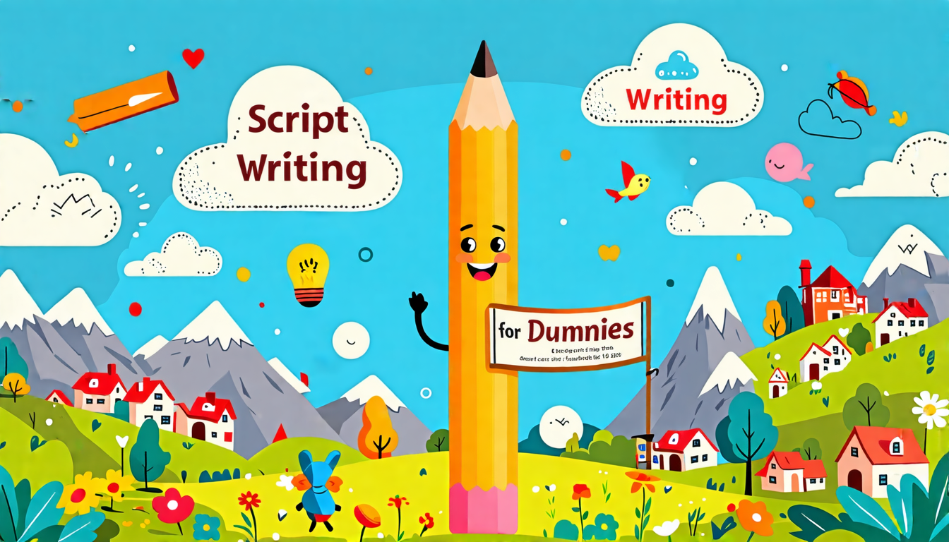 Create an image of a friendly, anthropomorphic pencil character guiding a group of eager beginners through a vibrant and playful landscape of script development. The scene should feature visual elements representing each step of the scriptwriting process: brainstorming clouds, a mountain trail of outlines, a village of diverse characters, and a lively stage for scenes. The pencil character is holding a banner that reads Script Writing for Dummies, emphasizing accessibility and fun in learning scriptwriting. Include exercises and tools as symbols floating around the pencil, inviting engagement and creativity.
