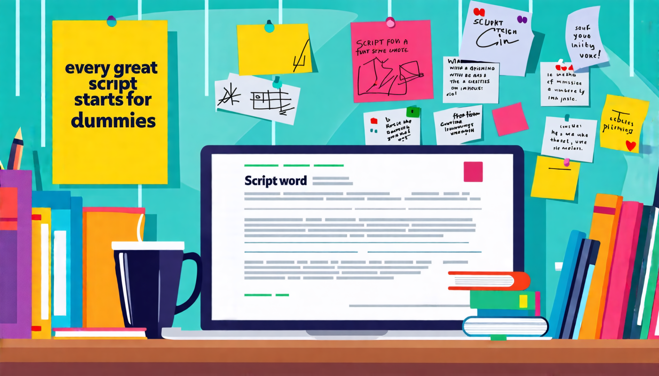 Create an image that showcases a vibrant workspace filled with various tools and resources for aspiring scriptwriters. Depict an open laptop displaying scriptwriting software with a simple, user-friendly interface, alongside an array of books titled Script Writing for Dummies. Include elements such as a coffee cup, colorful sticky notes with brainstorming ideas, and a community board with messages from fellow scriptwriters. Add an inspirational poster on the wall with the quote Every Great Script Starts with a Single Word. The scene should convey a sense of creativity and support, emphasizing accessibility and encouragement for beginners.