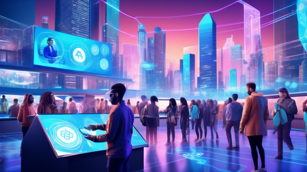Create an image depicting a futuristic cityscape where diverse individuals are using augmented reality devices to conduct transactions with PayPal Crypto. Showcase holographic displays illustrating the conversion of various cryptocurrencies facilitated by PayPal, with a central futuristic market hub buzzing with digital payment activities. Include visual elements representing expert opinions and market trends, such as digital billboards showcasing predictions from industry leaders, emphasizing the concept of PayPal Crypto shaping the future of global e-commerce and digital payments.
