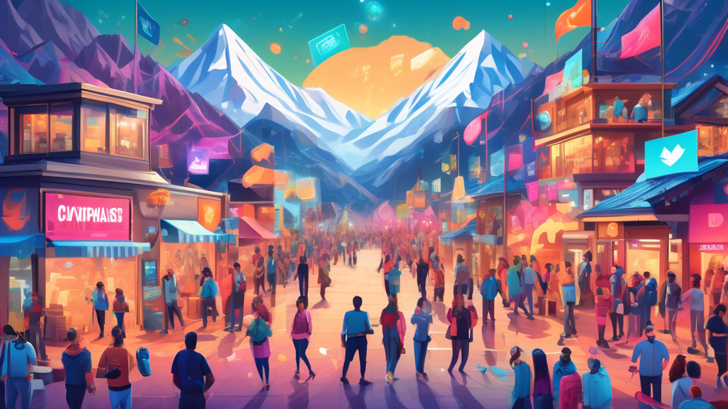 Create an image of a bustling digital marketplace filled with diverse avatars representing developers, investors, and crypto enthusiasts. In the background, showcase an Avalanche blockchain mountain with pathways leading to various doors marked with logos of partnering companies and financial metrics such as growth charts and market cap figures. Emphasize the vibrant network and community involvement, with streams of code and digital assets flowing freely, symbolizing integration and rising market adoption. The scene should convey a sense of dynamic growth and interconnectedness within the Avalanche crypto ecosystem.