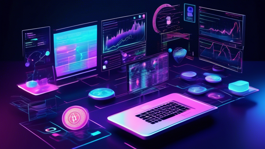 Create an image depicting a futuristic digital workspace filled with holographic displays showcasing a variety of cryptocurrencies. The main focus should be on an investor carefully analyzing a diverse portfolio of coins, including charts and graphs depicting performance trends and potential returns. Add elements symbolizing security and stability, such as a digital lock and a shield, to represent secure investment strategies. Include hints of regulatory documents and news articles floating around, signifying the need to stay informed about market changes. Emphasize a high-tech, advanced setting to capture the essence of strategic investment in the cryptocurrency world.