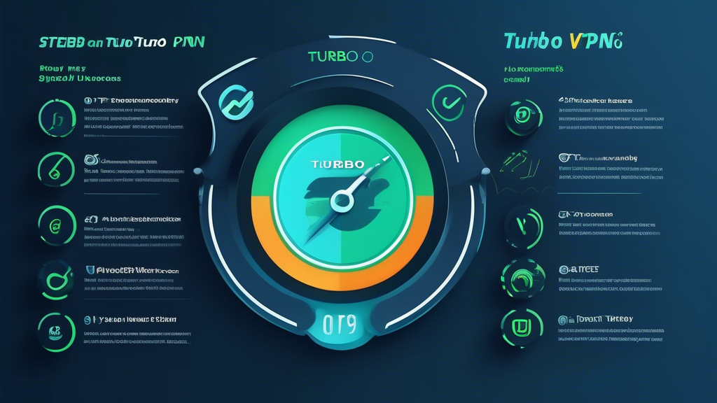 **DALL-E Prompt:** Create an informative infographic that showcases the advantages of Turbo VPN, emphasizing its speed and security features. Include visual elements like speedometer icons representing high performance, shield symbols illustrating data protection, and a comparison chart juxtaposing Turbo VPN with other VPN services. The background should be modern and tech-oriented, incorporating blue and green color themes to convey a sense of security and efficiency. Add annotations that describe the key benefits and functionalities of Turbo VPN.
