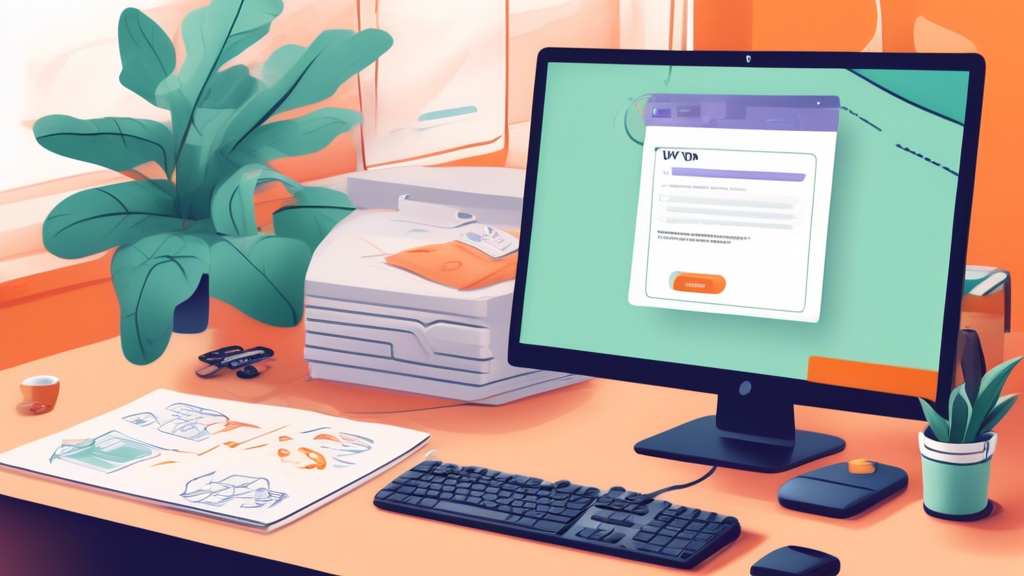 Create an illustration of a computer screen displaying the Turbo VPN application being installed. The setting is a cozy home office, with a user following a step-by-step guide on a notepad. Include visual elements representing speed and security, such as symbols for a fast internet connection and a lock. Also depict troubleshooting tips in the background, like common error messages and solutions. The overall mood should convey ease of use and efficiency.