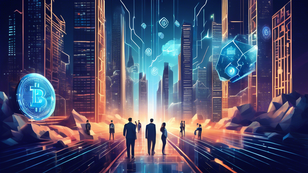 Create an image that illustrates the theme The Benefits and Challenges of Insured Finance Crypto Solutions. The scene should depict a digital landscape merging elements of finance and cryptocurrency with visual metaphors representing both benefits and challenges. On one side, show a futuristic cityscape with secure vaults, confident investors, and dynamic blocks of code symbolizing blockchain technology, drawing attention to increased security and risk mitigation. On the other side, illustrate hurdles such as regulatory barriers and tangled wires to represent complexity, alongside digital assets guarded by question marks. Include abstract symbols of well-known crypto platforms engaged in providing insured finance services, suggesting a balance between promise and obstacles in this innovative sector.