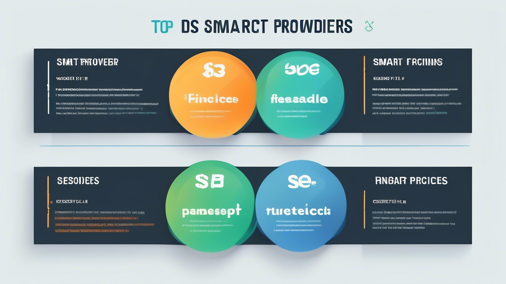 Create an image that features a visual comparison chart of top Smart DNS providers, highlighting their pricing structures. Include elements such as different price packages, free trial offers, and available discounts, set against a modern, tech-savvy background that suggests analysis and decision-making in digital services. The chart should be designed to be easily comprehensible, appealing to users seeking cost-effective Smart DNS solutions.