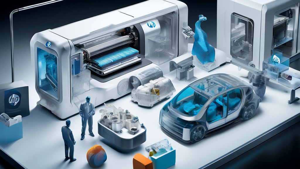 Create an image that depicts the versatility and various applications of HP MJF 3D printers across different industries. Show a visual collage featuring detailed scenes of an HP MJF printer creating automotive parts, medical implants, and architectural models. Each scene should highlight the precision and efficiency of the technology, with a futuristic touch to emphasize innovation. Include elements that represent the automotive industry, medical field, and architectural design, seamlessly transitioning between them to convey versatility.