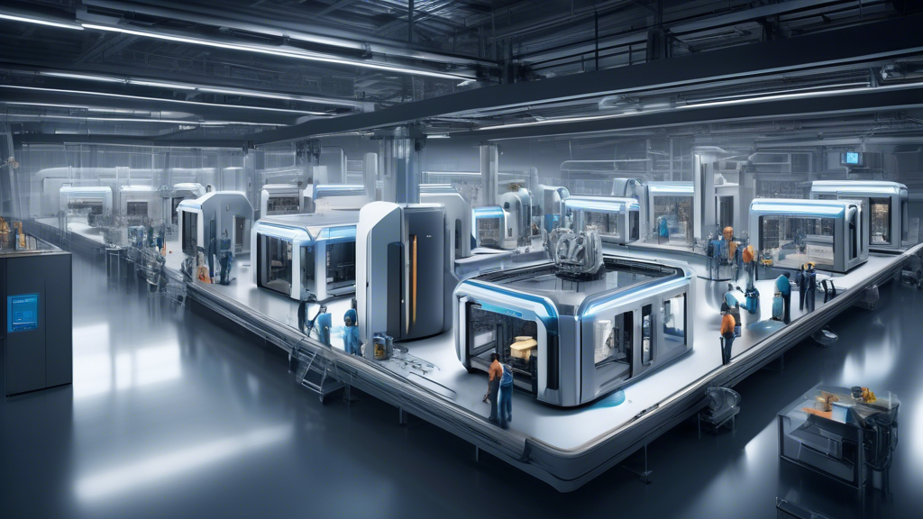 Create an image of a futuristic manufacturing facility where HP MJF 3D printers are at the forefront of production. The scene should depict state-of-the-art HP MJF printers in action, seamlessly integrated into a high-tech assembly line. Include elements that represent the next era of industrial innovation, such as robotic arms, holographic displays showing data analytics, and automated drones assisting in logistics. The environment should convey a sense of advanced technology and efficiency, highlighting the role of HP MJF printers as pioneers in the future of 3D printing.