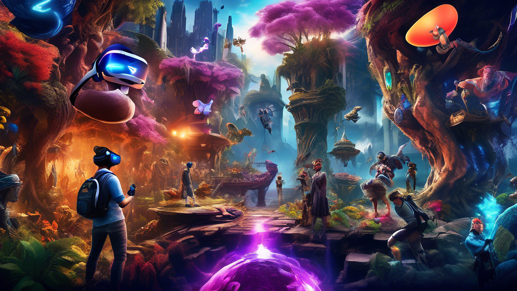 Create an image showcasing a vibrant collection of the best virtual reality games available for the PlayStation VR headset. The scene includes representations of various game genres such as fantasy, adventure, and action, each depicted with vivid colors and immersive details. Characters are seen interacting with elaborate environments, like enchanted forests, futuristic cities, and epic battlefields. The PlayStation VR headset is featured prominently, connecting the gamer to these dynamic worlds, highlighting its high interactivity and impressive graphic quality. The overall mood is one of excitement and wonder, emphasizing the promise of unforgettable experiences.