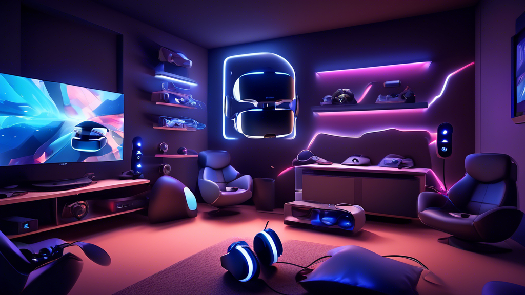 Create a detailed and vivid illustration showcasing a user-friendly guide to optimizing the PlayStation VR Headset experience. The image should depict a cozy gaming room setup with a PlayStation VR Headset in focus, surrounded by organized gaming accessories. Illustrate a step-by-step checklist next to it, featuring practical tips for calibration, such as adjusting lenses, ensuring proper fit, and utilizing room lighting. Include visual markers showing safe distances and movement zones in the room. Convey a sense of comfort and preparedness, highlighting health and safety features such as ergonomic furniture and the presence of reminders for breaks. Show the user in a relaxed pose, embodying the enhanced and safe gaming experience.