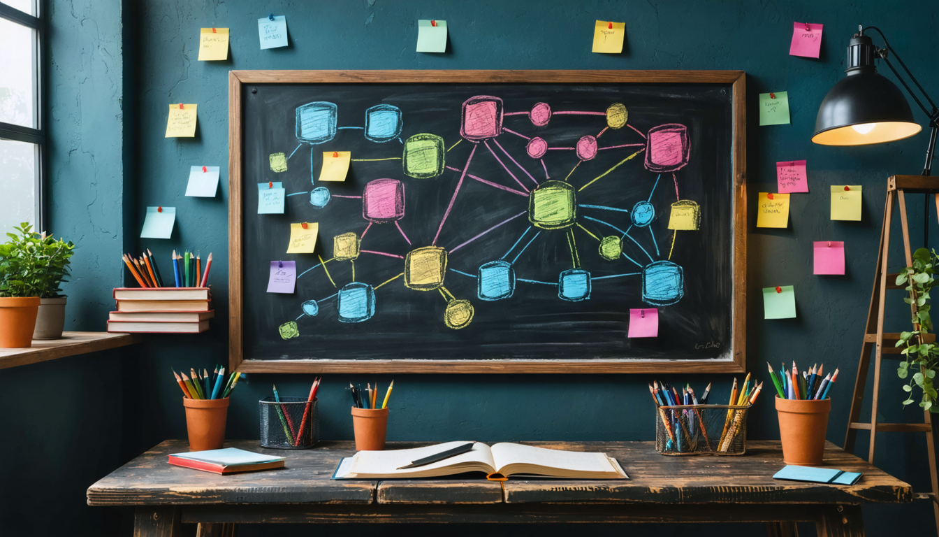 Create an image that illustrates the concept of narrative techniques and structure in screenwriting, focusing on the three-act structure. The scene should feature a large chalkboard in a dimly lit, cozy writer