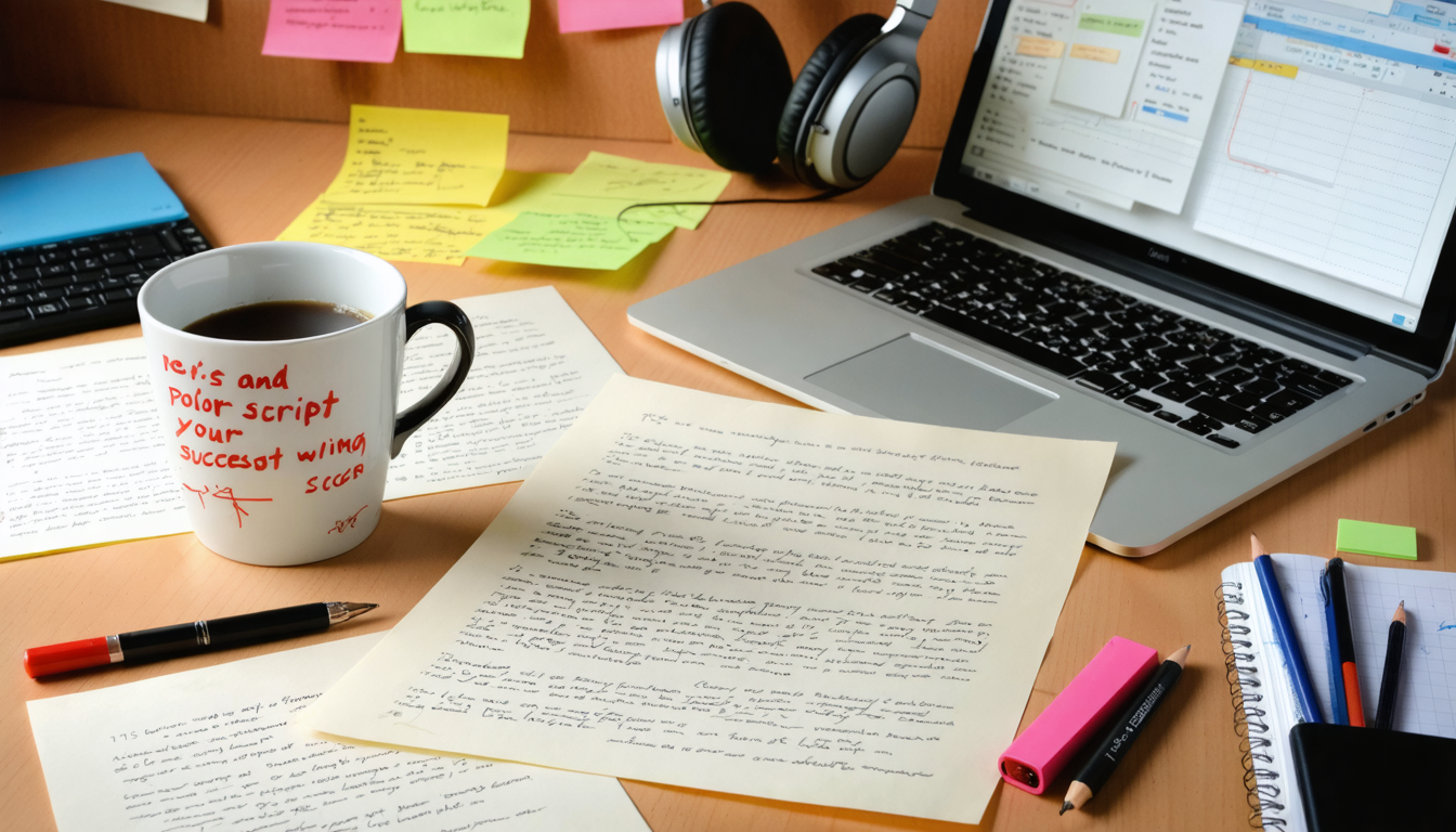 Create an image that captures the essence of Revising and Polishing Your Script: Essential Steps for Screenwriting Success in the context of Screenwriting 101. Picture a cozy, inviting workspace featuring a desk cluttered with pages of a script covered in handwritten notes and red pen edits. Nearby, a laptop is open with a scriptwriting software interface visible on the screen. On a corkboard above the desk, colorful index cards with different scenes and ideas are pinned up. A steaming cup of coffee sits next to a stack of well-used screenwriting books and a set of headphones. The scene conveys a sense of creative focus and the process of refining a screenplay, symbolizing dedication and the continuous journey of improvement in screenwriting.