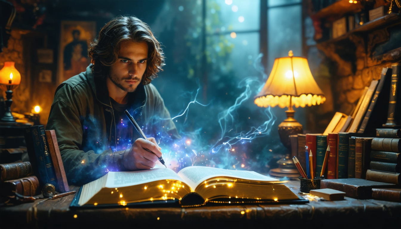 Create an image that vividly captures a budding screenwriter in a cozy, dimly lit room, surrounded by creative inspiration items like film posters and books on screenwriting. The focal point is a large, open Screenwriter