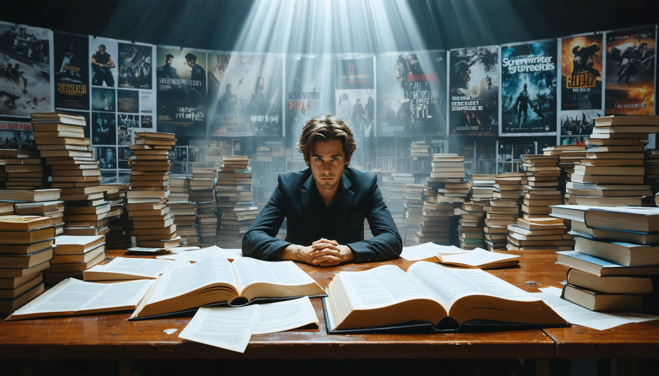 Create an image depicting a dynamic and inspiring scene where an aspiring screenwriter sits at a bustling film studio. The writer is surrounded by stacks of the Screenwriter
