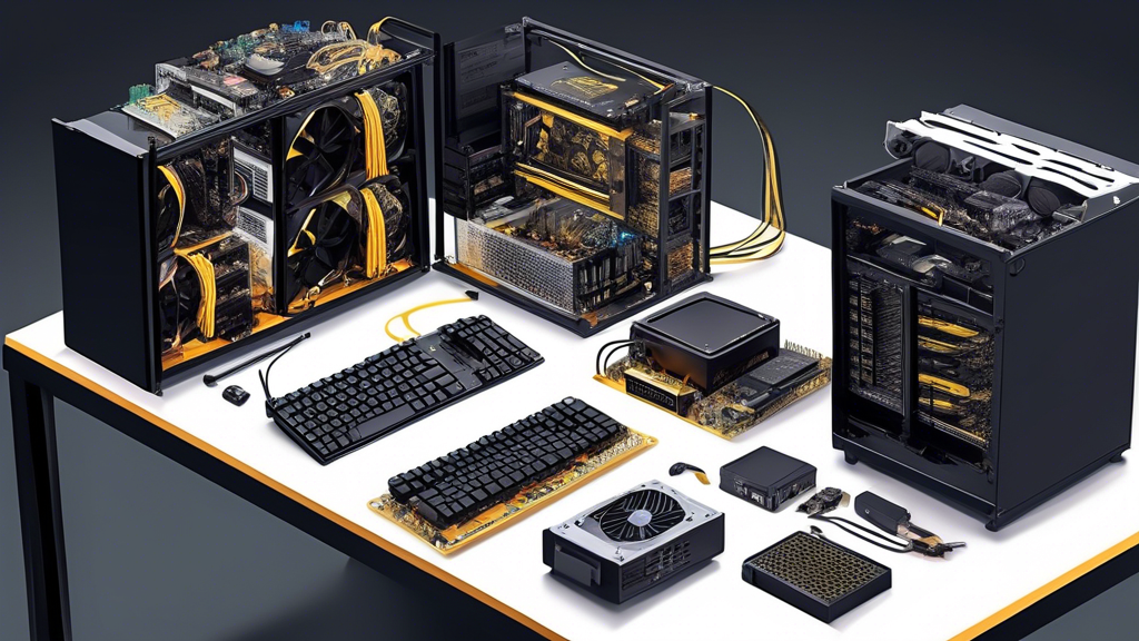 Create an image showcasing a step-by-step guide for building a crypto mining rig. The scene should feature a workstation with various computer components like a motherboard, GPU, CPU, power supply, and cooling systems laid out systematically. Illustrate a person in the process of assembling the rig, referencing an open manual or digital guide. Include a computer monitor displaying BIOS settings and mining software, accompanied by visual cues for optimizing performance and energy efficiency. The atmosphere should be educational and organized, with tools and components neatly arranged, emphasizing the DIY and learning aspect of building a crypto mining rig from scratch.