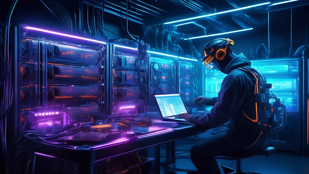 Create a visually detailed image of a futuristic crypto mining rig maintenance scene, showcasing an array of sleek and shiny components wired together with glowing neon accents. The focus is on a technician in a high-tech environment, carefully cleaning and inspecting the rig with specialized digital tools. Surround the scene with elements suggesting upgradability, such as floating holographic displays featuring cutting-edge GPU models, software updates, and energy consumption statistics. The atmosphere should convey a sense of precision, innovation, and strategic planning, reflecting the complexities and potential rewards of maintaining a top-performing crypto mining rig.