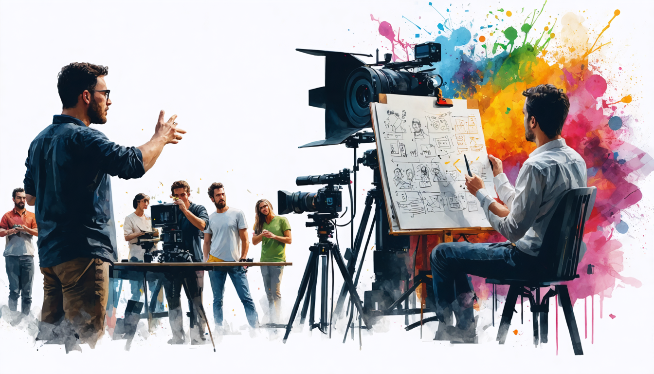 Create an imaginative and dynamic digital illustration showcasing a film set bustling with activity. In the foreground, a director gestures and communicates with actors, conveying clear, expressive body language. Nearby, a writer sits immersed in their script, surrounded by notes and storyboards illustrating a non-linear narrative with arrows and branching scenes. The background features elements of a complex film set, including cameras, lighting equipment, and crew members collaborating seamlessly. Above, a mystical aura envelops the scene, symbolizing the creativity and advanced strategies at play in mastering screenwriting and directing.