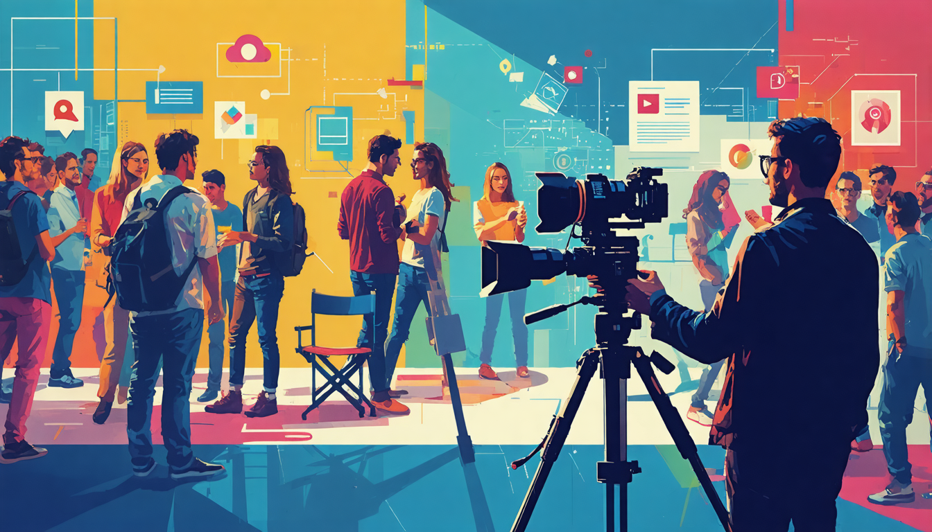 Create an image that illustrates a dynamic and vibrant networking event set in a modern, bustling film festival environment. The scene should feature aspiring screenwriters and directors engaging in animated discussions, exchanging contact information, and sharing insights about the industry. In the background, iconic film equipment and symbols are visible, such as a director