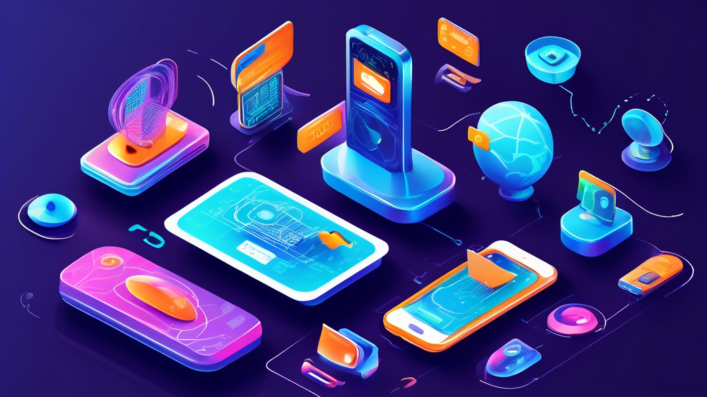 Create an illustration showing a lineup of diverse, futuristic gadgets and devices, each displaying the logo or name of a different affordable Smart DNS provider for 2023. Include visual elements that represent cost savings, such as price tags with slashed prices or coins. In the background, feature a digital world map with highlighted regions to symbolize global access. The image should convey a sense of modern technology and accessibility, with a focus on helping users choose the best value option for their needs. Use vibrant colors to make the scene inviting and informative.