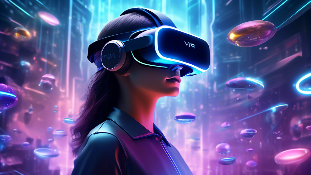 Prompt: Create an imaginative, futuristic scene showcasing the next generation of Steam VR headsets in a sleek, high-tech environment. The headsets should feature cutting-edge design elements, with transparent visors and holographic displays. The background should hint at a world where virtual and augmented reality seamlessly blend, with holographic interfaces and digital landscapes visible through large, futuristic windows. Include elements that suggest technological advancements and integration into everyday life, symbolizing the anticipated innovations and role of Steam VR in the future VR ecosystem beyond 2023.