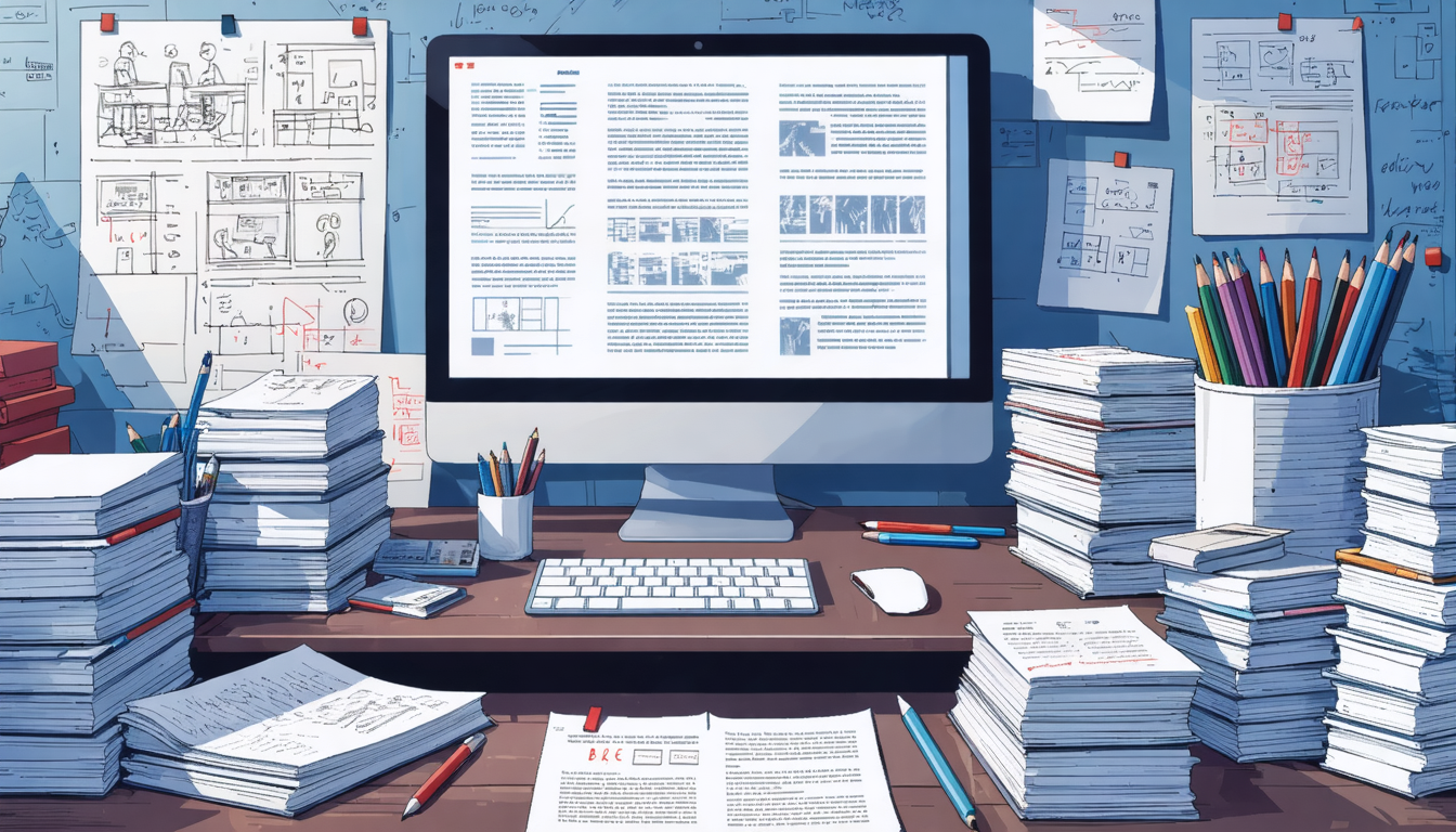 Create an image depicting a writer sitting at a desk, surrounded by stacks of marked-up screenplay pages, focused on polishing their script. The scene includes editing tools like red pens and a notepad filled with revision notes. In the background, there