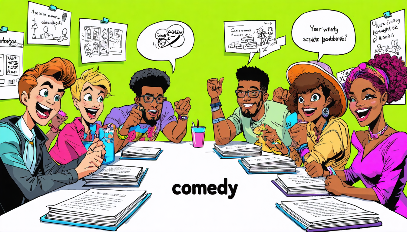 Design an image depicting a group of diverse, cartoon-style characters engaging in a lively conversation around a table piled with scripts labeled Comedy. Each character embodies exaggerated comedic traits; one might have wildly expressive facial features while another sports quirky fashion. Speech bubbles float above them, filled with witty and entertaining dialogue snippets, showcasing playful banter and clever wordplay. The backdrop is a bright, whimsical writer