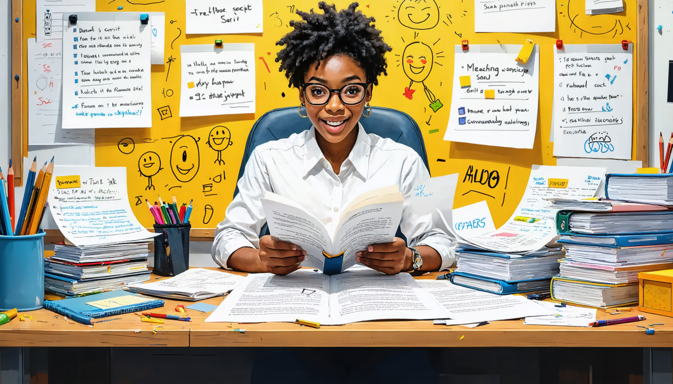 DALL-E Prompt: An image depicting the creative process of refining a comedy script. The scene shows a writer sitting at a cluttered desk with numerous script pages scattered around. They