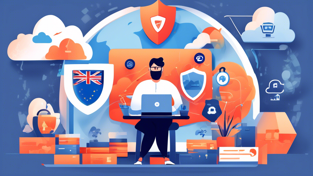Create an illustration that visually represents the advantages of using Privado VPN. The scene should depict a person working on a laptop in a cozy, modern home office, surrounded by symbols of online privacy, such as a shield, lock icons, and digital clouds. Include elements that showcase access to geo-restricted content, like a globe with various country flags and streaming icons. Ensure the atmosphere conveys speed and performance, such as dynamic lines or fast-moving digital elements, emphasizing an efficient online experience. Use a soothing color palette to reflect a sense of security and tranquility.