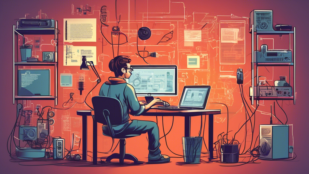 Create an illustration depicting a computer engineer working on a DIY (do-it-yourself) setup for a smart DNS proxy. The scene should include various tools like cables, a laptop with code on the screen, a network diagram, and post-it notes with troubleshooting tips. The background should feature a cozy workshop atmosphere with posters on the wall about DNS technology and common issues. The engineer should appear focused and engaged, showcasing the intricacies of building and maintaining a smart DNS proxy system.