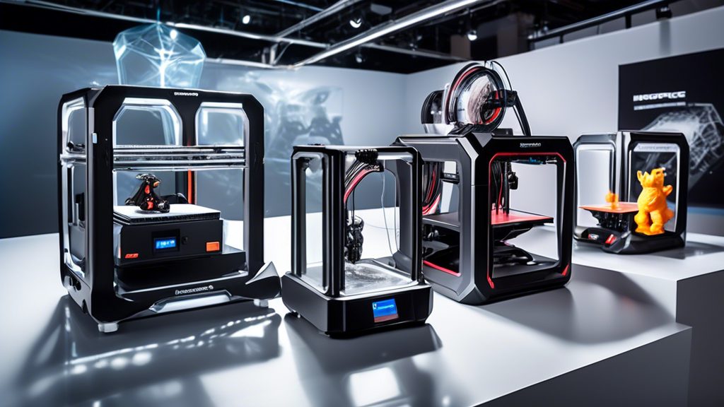Create an image showcasing a futuristic 3D printer showdown between the Monoprice 3D Drucker and its top competitors. The scene is set in a modern, high-tech showroom, with the Monoprice model prominently displayed at the center on a sleek platform, glowing softly to highlight its innovative design. Surrounding it are competing 3D printer models from other leading brands, each with distinct features but subtly overshadowed by the Monoprice. Include holographic display screens above each printer, providing key stats and distinguishing features, with user feedback and expert reviews appearing as digital projections in the background, predominantly praising the Monoprice 3D Drucker’s unique advantages. The overall atmosphere should exude competition and cutting-edge technology, emphasizing the Monoprice