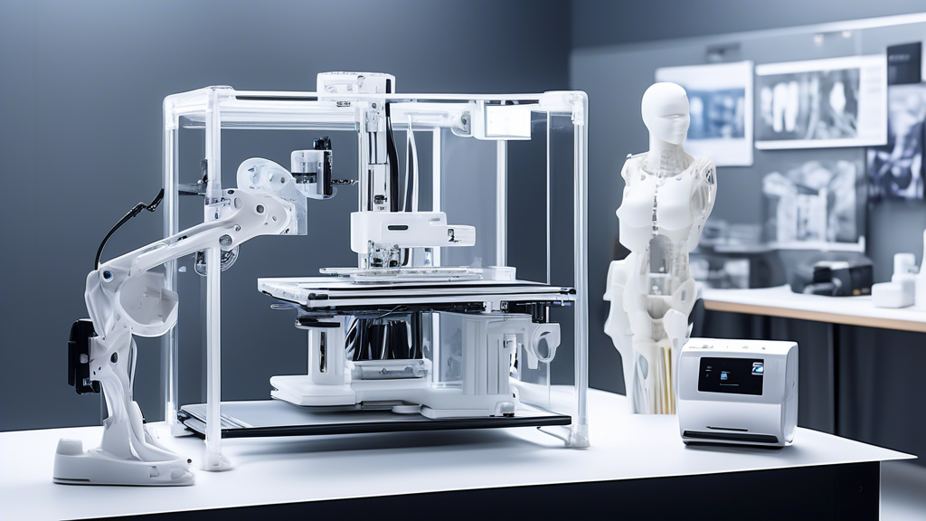 Create an image depicting various industries such as healthcare, automotive, and fashion utilizing the Monoprice 3D Drucker technology. Showcase the printer in the center with beams of light connecting to different realistic scenes: printing medical prosthetics in a hospital setting, crafting automotive parts in a workshop, and creating fashion accessories in a design studio. Each environment should emphasize the printer