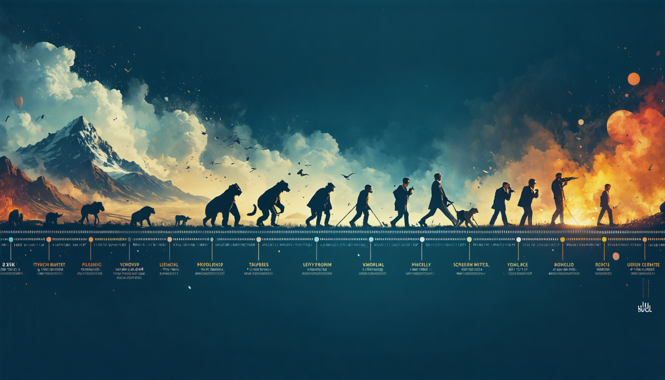 Create an image that showcases a dynamic timeline flowing through a cinematic landscape. Along this timeline, depict iconic scenes or symbols from classic films, each credited to renowned screenwriters throughout history. Include visual elements that represent storytelling evolution, such as a quill transforming into a typewriter and eventually a digital screen. In the foreground, illustrate a diverse group of modern filmmakers drawing inspiration from this timeline, depicting how the legacy of the best screenwriters continues to shape and inspire contemporary cinema. Add an ethereal glow around the legendary screenwriters to emphasize their enduring influence on the industry.