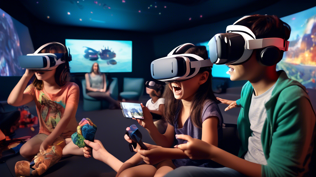 Create an image illustrating the diverse range of VR experiences available locally. Show a vibrant scene depicting different individuals—children, adults, and tech enthusiasts—engaged in various VR activities. In one corner, a family enjoys an educational VR field trip; in another, gamers are immersed in an intense simulation. Meanwhile, a group of adults participates in an interactive VR film experience. The background features banners for specialized VR events and temporary offers, highlighting the ever-changing landscape of VR adventures. The image should convey inclusivity, excitement, and the vast possibilities that cater to all age groups and interests.