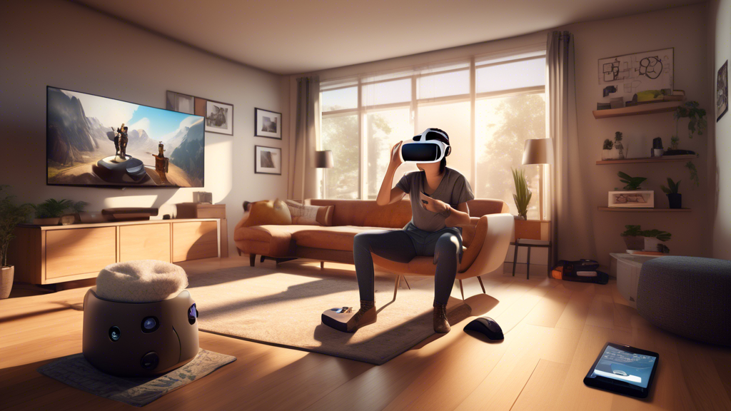 Design an image depicting a person preparing for a local VR adventure. The scene shows a cozy living room with VR equipment laid out on a table, including a VR headset, controllers, and a checklist for booking and attire recommendations. In the background, a calendar hangs on the wall highlighting an upcoming VR event. The atmosphere is lively and anticipatory, with sunlight streaming through a window. Include subtle details like a smartphone with a VR map app open, and a clock indicating a strategic time for visiting. The overall theme emphasizes readiness and excitement for an immersive virtual experience.