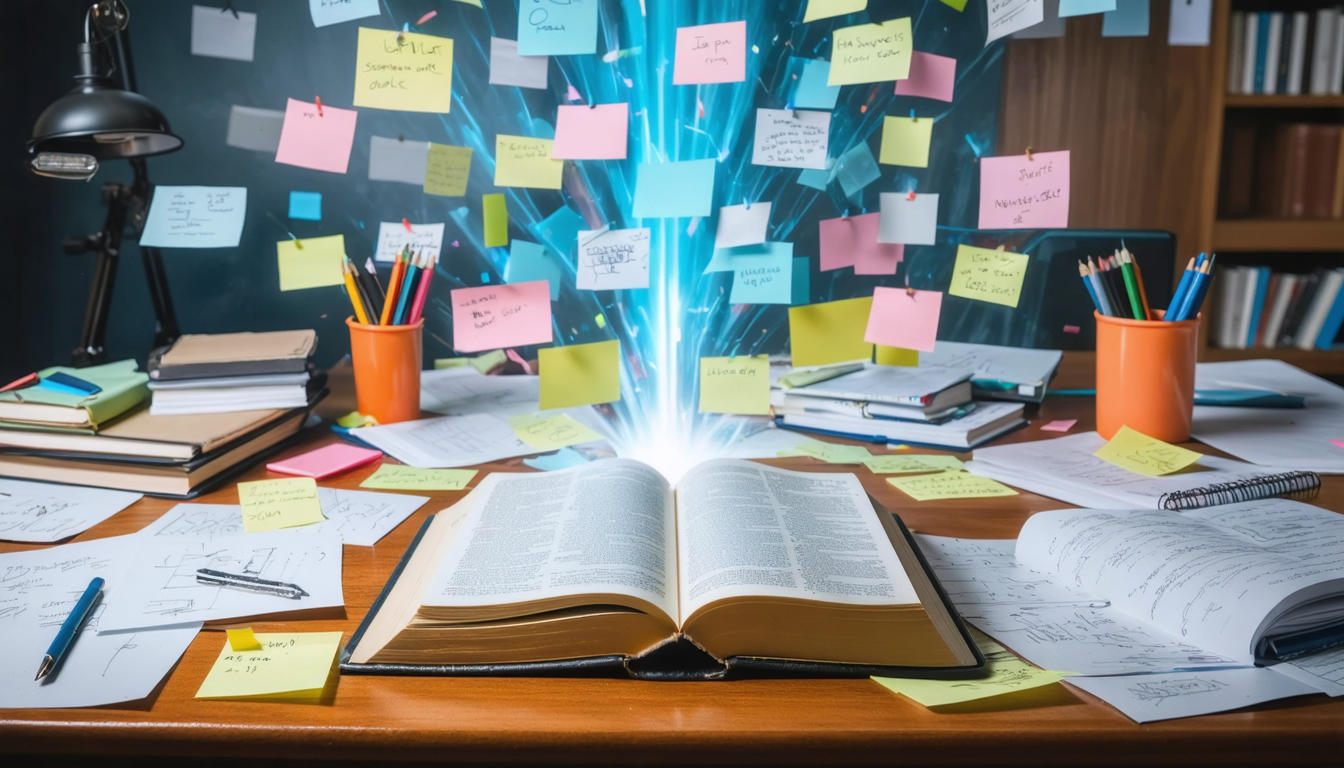 Create an image that depicts a well-organized workspace of an aspiring screenwriter. The desk is cluttered with various drafts of scripts, open notebooks filled with scribbled ideas, and sticky notes. In the center, place the Screenwriter