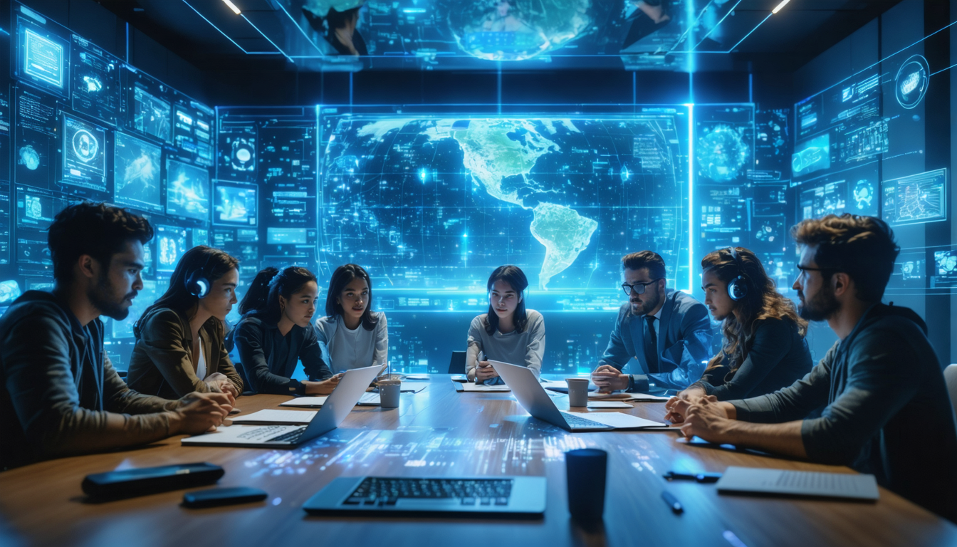 Create an image depicting a futuristic Hollywood script writing room in a sleek, modern studio setting. The room is filled with advanced technology, such as holographic screens displaying scripts and storyboards, and a virtual AI assistant collaborating with a diverse group of script writers. The writers are in deep discussion, surrounded by digital projections of popular streaming platform logos and diverse genre symbols. The atmosphere reflects a blend of creativity and innovation, highlighting the adaptation to evolving trends and challenges in the film industry.
