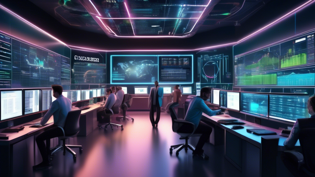 Prompt: Create an image showcasing a futuristic trading floor bustling with activity. In the center, a large digital screen displays graphs and statistics of various cryptocurrencies, all being monitored by sleek, sophisticated trading bots. Traders are positioned strategically, each with a holographic interface, analyzing the screen