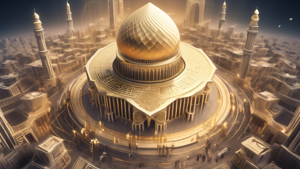 Create an image depicting a dynamic intersection between Islamic finance and cryptocurrency, focusing on Shariah compliance challenges and opportunities in the crypto market. The scene should feature two iconic symbols: a digital bitcoin coin and a traditional Islamic finance building, like a grand dome structure, set in the background. In the foreground, merge elements of high-tech blockchain networks with symbolic Islamic architecture, like intricate geometric patterns. Illustrate the tension between volatility and ethical investing through contrasting elements, such as rising graphs and calm green check marks. Highlight innovation with visual metaphors of growth, like sprouting plants from circuit boards, to represent fintech development.