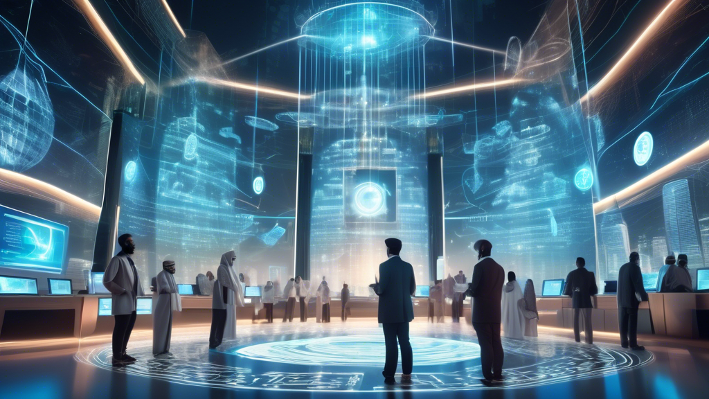 Create an image depicting a futuristic vision of a bustling Islamic financial center, seamlessly integrated with advanced cryptocurrency technology. The scene should highlight a skyline with traditional Islamic architectural elements, merged with digital holograms of blockchain networks and crypto symbols. In the foreground, diverse professionals from the Islamic finance sector are interacting with digital displays showing real-time crypto market data, surrounded by virtual reality interfaces illustrating Shariah-compliant financial operations. The overall atmosphere should convey a sense of innovation and the harmonious blending of culture, tradition, and cutting-edge technology.