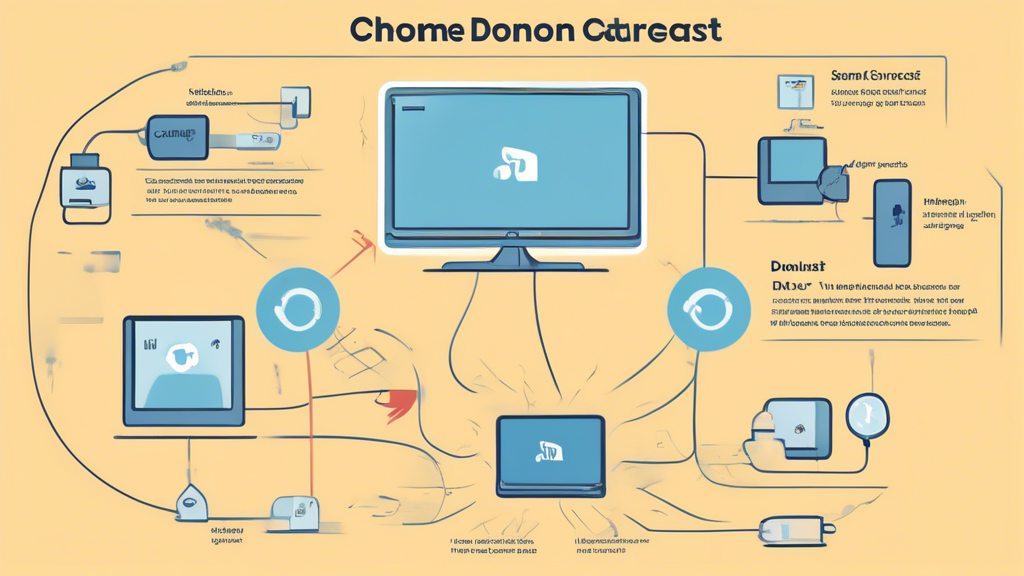 An informative and engaging illustration depicting the steps to set up Smart DNS on a Chromecast device. Include visual elements like a Chromecast dongle connected to a TV, a checklist of preparations and requirements displayed on a tablet or laptop, and a step-by-step visual guide showing the configuration process. Incorporate symbols or icons representing 