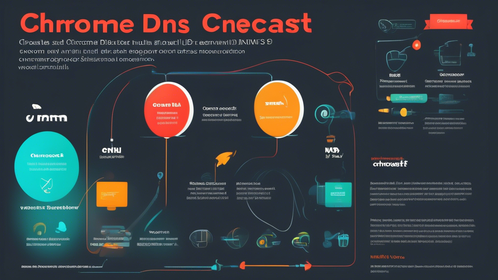 Create an infographic that visually represents the advantages of using Smart DNS with Chromecast. Include elements such as: icons for streaming services with geographic restrictions (like Netflix or Hulu), arrows indicating improved streaming speeds, and a comparison chart between Smart DNS and VPN for Chromecast. Use vibrant colors and clear typography to make the information easily digestible, featuring a Chromecast device prominently in the center.