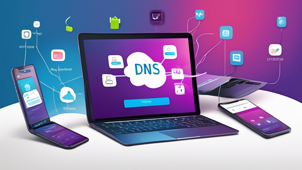 Create an image depicting a user-friendly guide to setting up the Smart DNS Proxy app on various devices. The scene includes a variety of digital gadgets such as a Windows laptop, a Mac desktop, an Android phone, and an iOS tablet. Each device showcases its screen displaying the step-by-step installation process, highlighting key actions like downloading, installing, and configuring the app. The background features a vibrant, tech-savvy workspace, emphasizing the simplicity and accessibility of the setup process. Include visual elements like checkmarks and progress bars to suggest success and completion.