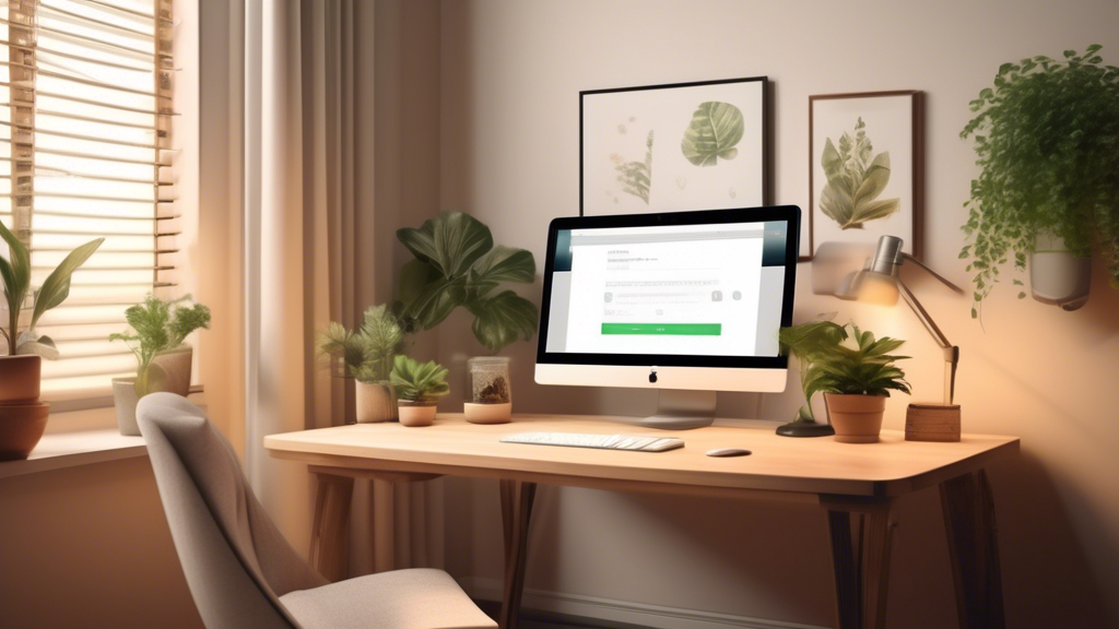 Create an image of a serene home office setup with a focus on a computer screen displaying the Smart DNS Proxy application interface. The room should convey a sense of privacy and security, with subtle elements like a lock symbol on the screen to emphasize safe usage practices of the application. Include soft lighting and cozy elements like plants or a coffee mug to highlight a relaxed yet secure online experience. In the background, suggest a globe or map graphics to symbolize global content access, aligning with the theme of enriching online experiences by safely bypassing geo-restrictions.