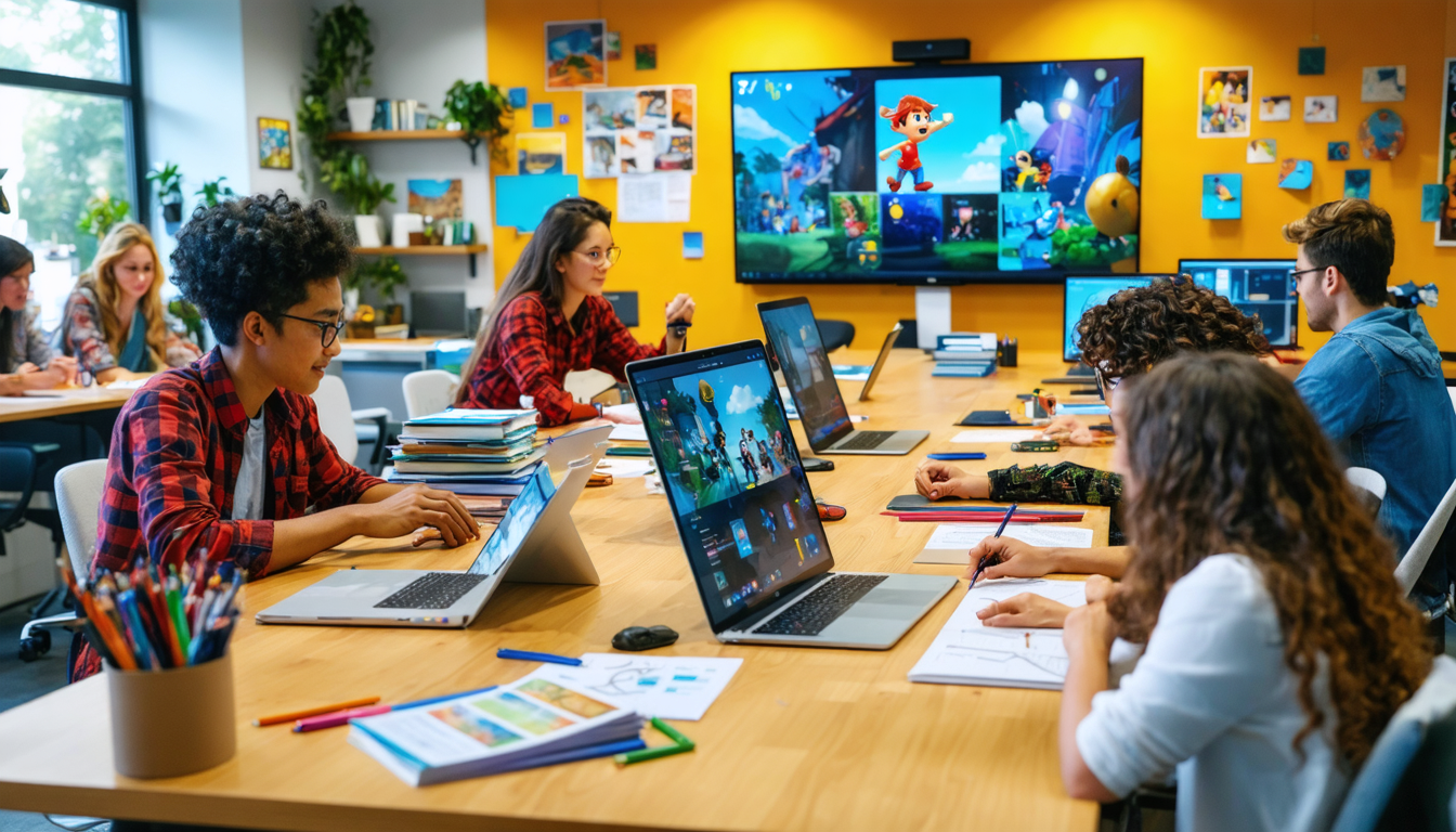 Create an image that depicts a bustling creative workspace filled with aspiring animation screenwriters, each immersed in their craft. The scene features a collaborative atmosphere with individuals pitching ideas, sketching storyboards, and discussing with mentors. Include elements like stacks of colorful scripts, digital tablets displaying animated scenes, and a prominent bulletin board showcasing industry news, networking events, and the latest animation trends. The room has a warm, dynamic energy, reflecting a space dedicated to refining skills and breaking into the industry. Emphasize the advanced tools and techniques being utilized, with a backdrop of animated characters and vibrant storylines coming to life on screens.