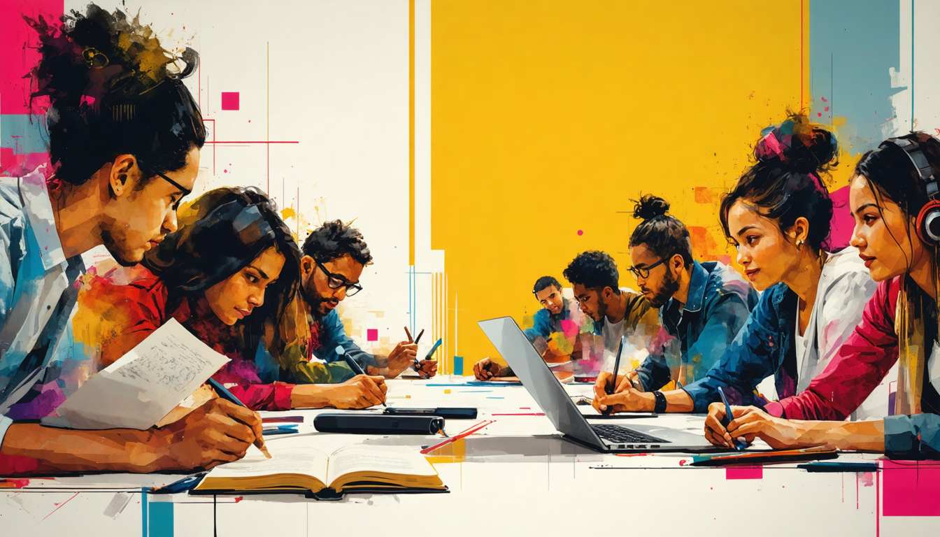 Prompt: Create an illustration that captures the essence of cultivating screenwriting skills through ISA programs. The image should depict a dynamic and inspiring scene featuring screenwriters engaged in various educational activities such as participating in a feedback session, tackling a writing challenge, and receiving mentorship guidance. Include diverse individuals with focused expressions, surrounded by elements symbolizing creativity and learning, such as notebooks, laptops, and film scripts. Convey a sense of growth and collaboration, underlining the transformative impact of ISA