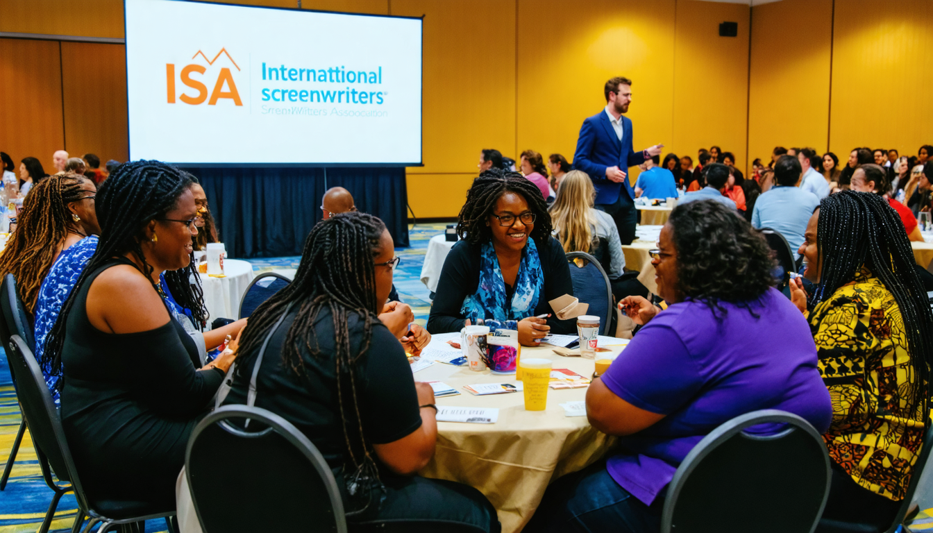 Create an image that depicts a vibrant networking event hosted by the ISA (International Screenwriters