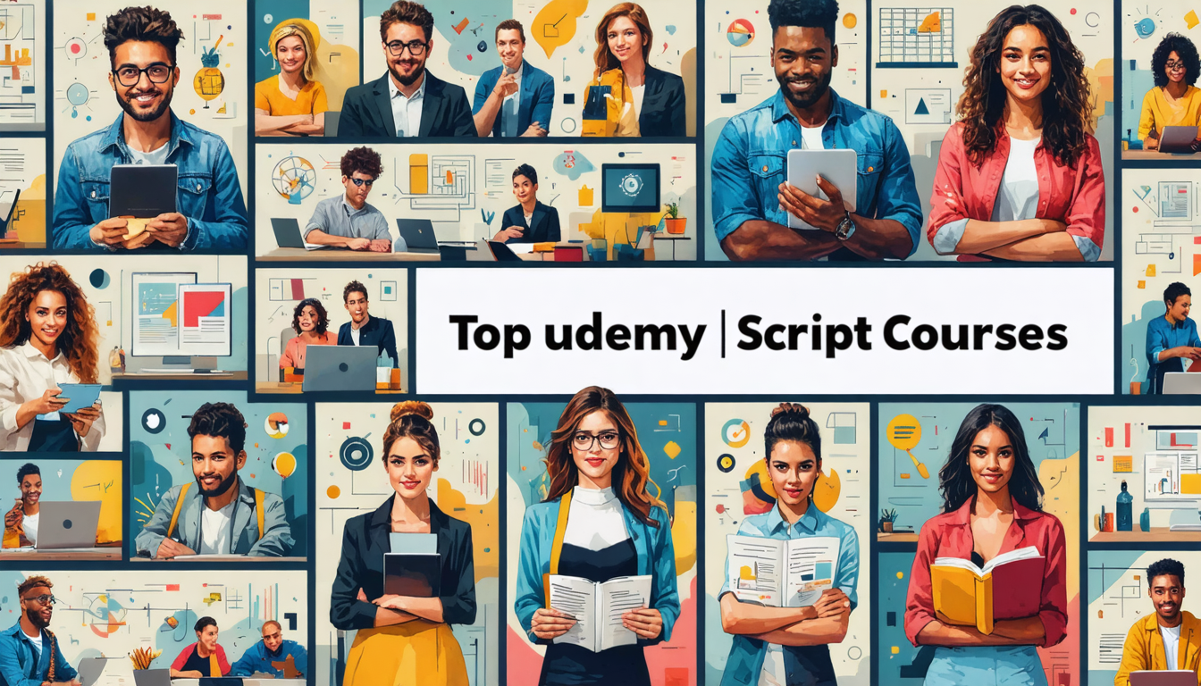 Create an image depicting a vibrant and dynamic collage of top-rated Udemy script writing courses. The image should showcase elements such as a diverse group of learners engaged with digital devices, each displaying different course content like storyboarding, character development, and dialogue writing. Include artistic representations of esteemed instructors, each exuding passion and expertise. Incorporate visual icons, such as film reels, scripts, and keyboards, all set against a backdrop of a virtual classroom atmosphere. This image should capture the essence of varied course offerings and the depth of knowledge available for aspiring scriptwriters.