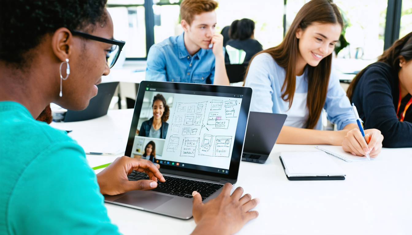 Create an image of a diverse group of students in a vibrant, modern study space, each immersed in their own Udemy script writing course on laptops and tablets. Show one person actively participating in a video call or discussion on their screen, exchanging ideas about a script. Another student is outlined sketching storyboards on a tablet, applying learned techniques. Capture the atmosphere of focused engagement and creativity, with subtle elements like a chalkboard or whiteboard displaying script writing terms. The scene should embody the theme of maximizing learning through interaction and practical application in script writing courses on Udemy.