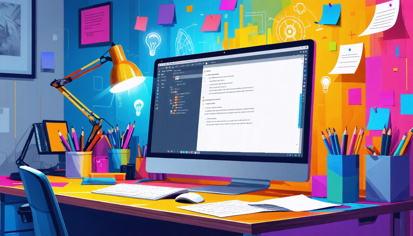 Create an imaginative illustration that depicts a writer in a creative, bustling workspace using Arc Studio screenwriting tools. The image should feature a vibrant, distraction-free interface on the writer