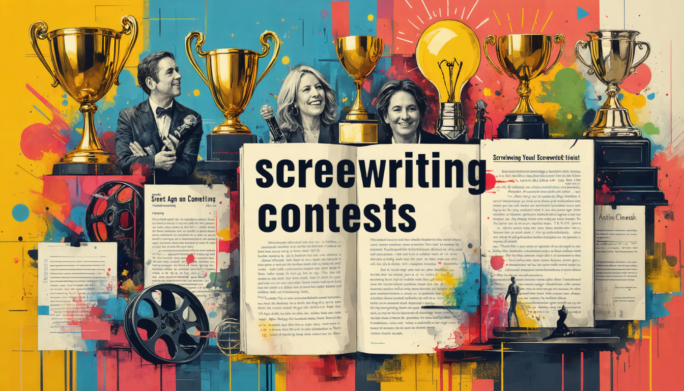 Create an image illustrating a vibrant and dynamic collage of various screenwriting contests. At the forefront, prominently feature logos or icons representing major competitions like the Nicholl Fellowships, Page International Screenwriting Awards, and the Austin Film Festival. Surround these with visual elements such as scripts, trophies, and film reels to emphasize the theme of achievement and opportunity. In the background, include a sleek timeline or calendar highlighting key deadlines and entry requirements. Incorporate candid, engaging portraits of previous winners or entrants sharing advice, depicted in an inspiring and motivational context. The overall mood should convey excitement and ambition, guiding viewers toward entering the best screenwriting contests.